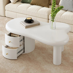 Table Basse Blanc Mat Forme Libre 2 Tiroirs — Design Organique - Tables basses