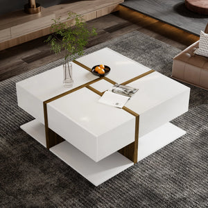 Table Basse Carrée Blanche 4 Tiroirs — Plateau Brillant - Tables basses