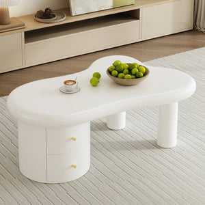 Table Basse Blanc Mat Forme Libre 2 Tiroirs — Design Organique - Tables basses