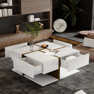 Table Basse Carrée Blanche 4 Tiroirs — Plateau Brillant - Tables basses