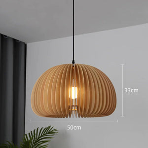 Suspension LED en bois massif style japonais - Luminaire citrouille
