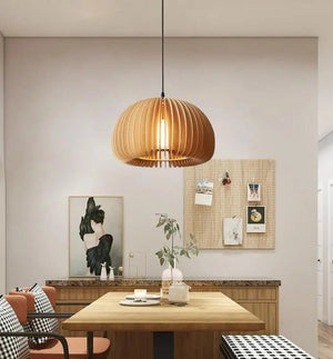 Suspension LED en bois massif style japonais - Luminaire citrouille