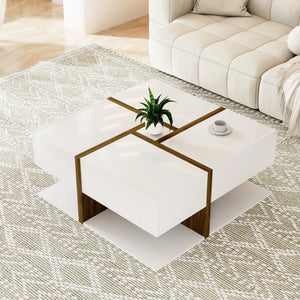 Table Basse Carrée Blanche 4 Tiroirs — Plateau Brillant - Tables basses