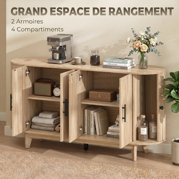 Buffet OVALIA 147 cm – Effet chêne clair, 2 placards & niches coulissantes