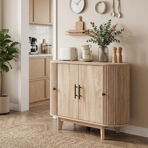 Buffet salon, meuble de rangement ovale avec 4 portes et étagère réglable, 90 x 40 x 76 cm, chêne