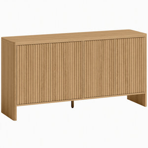 Buffet salon, meuble de rangement avec 4 portes rainurées, étagère réglable, ouverture par pression, 147x40x77cm, chêne
