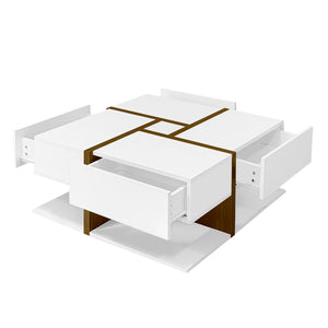 Table Basse Carrée Blanche 4 Tiroirs — Plateau Brillant - Tables basses