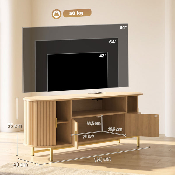 Meuble TV DORIA 140 cm – Effet chêne & doré, prises USB intégrées