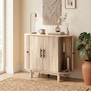 Buffet salon, meuble de rangement ovale avec 4 portes et étagère réglable, 90 x 40 x 76 cm, chêne