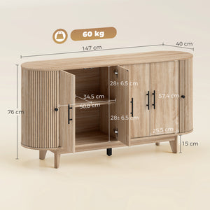 Buffet salon, meuble de rangement ovale avec 6 portes et 2 étagères réglables, 147x40x76cm, chêne
