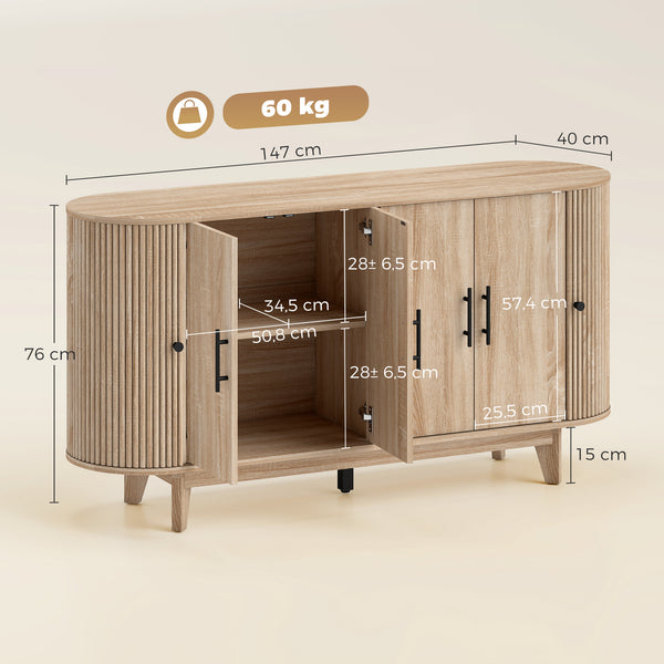 Buffet OVALIA 147 cm – Effet chêne clair, 2 placards & niches coulissantes