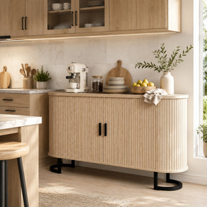 Buffet salon, meuble de rangement ovale avec 2 portes coulissantes et étagères réglables, 140x40x75cm, bois naturel