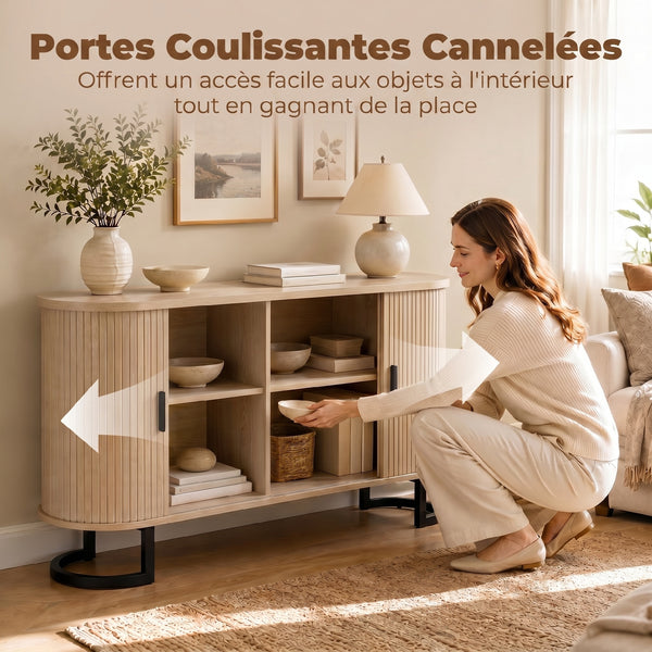 Buffet LUNA 140 cm – Finition bois naturel, portes coulissantes cannelées