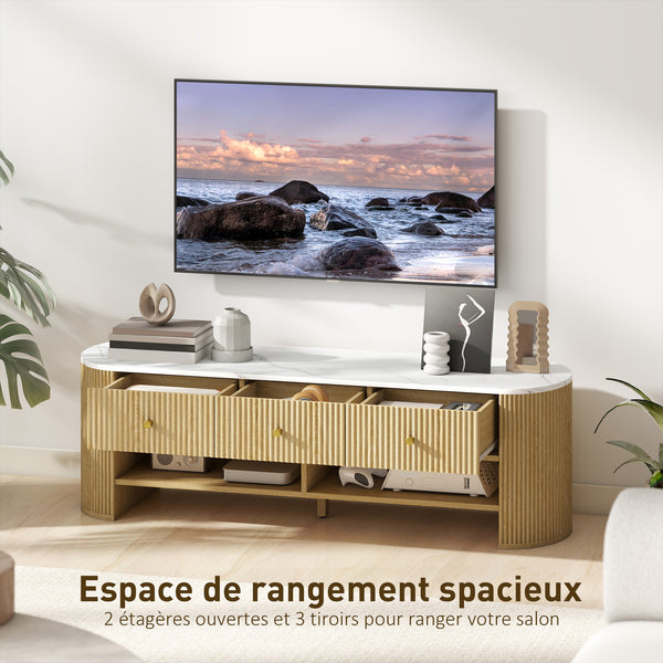 Meuble TV ALBA 140 cm – Plateau effet marbre, tiroirs cannelés