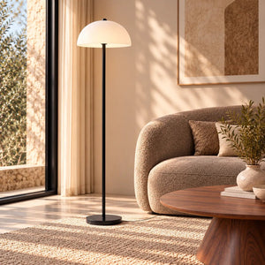 Lampe sur pied en fer noir avec diffuseur en verre blanc