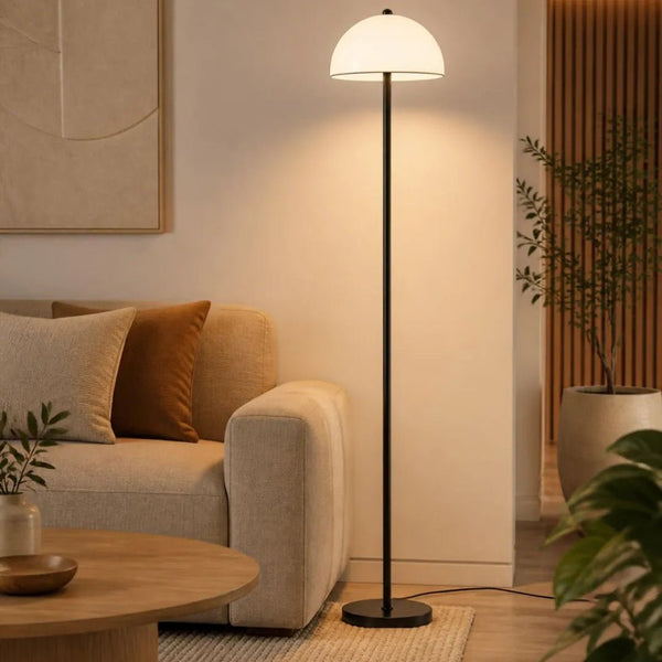 Lampadaire FERRAND 155 cm – Pied fer noir & verre blanc