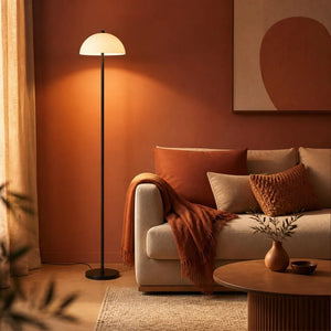 Luminaire sur pied en verre blanc vu sous un autre angle