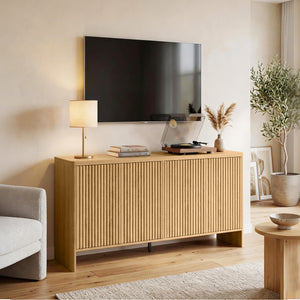 Buffet salon, meuble de rangement avec 4 portes rainurées, étagère réglable, ouverture par pression, 147x40x77cm, chêne