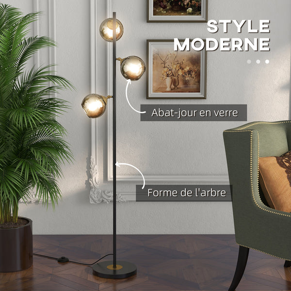 Lampadaire ORBE 162 cm – 3 globes en verre aspect chromé, noir & doré