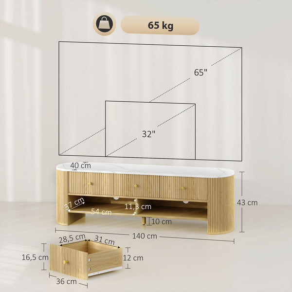 Meuble TV ALBA 140 cm – Plateau effet marbre, tiroirs cannelés