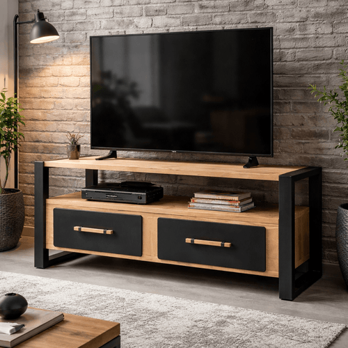 Meuble TV FORGE – bois massif et acier, fabrication artisanale