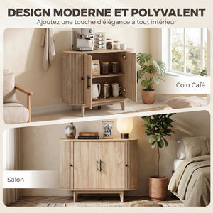 Buffet salon, meuble de rangement ovale avec 4 portes et étagère réglable, 90 x 40 x 76 cm, chêne