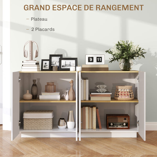 Buffet NORA 140 cm – Blanc laqué & plateau effet pin, portes amorties