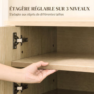 Meuble TV 140 cm, Meuble Télé pour Téléviseur jusqu'à 60 Pouces, 4 Portes Cannelées et Étagères Réglables, Chêne