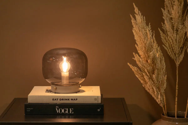 Lampe à poser Bollonelie — verre fumé et pied beige