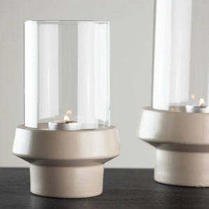 Lanterne Davida en grès émaillé beige et verre