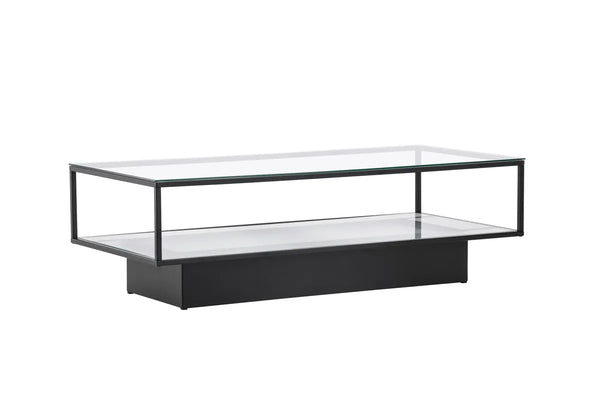 Table basse Maglehem 130 cm — verre, métal noir et tablette de rangement