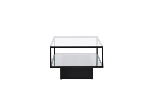 Table basse Maglehem 130 cm — verre, métal noir et tablette de rangement