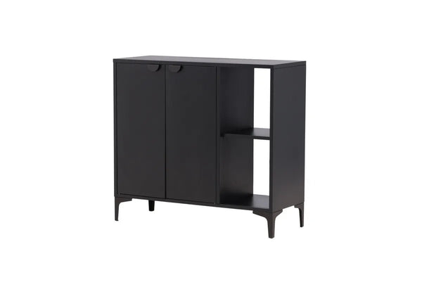 Buffet Piring 110 cm — acier noir, 2 rangements fermés et 2 étagères