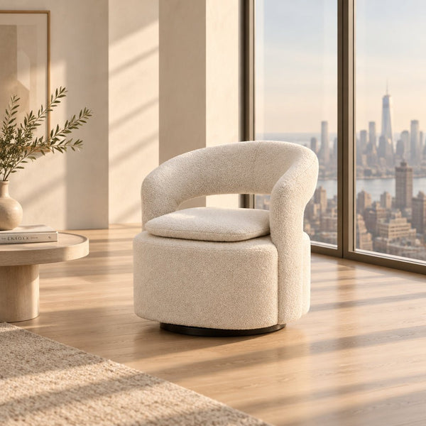 Fauteuil pivotant Laurel — bouclette blanche, confort enveloppant