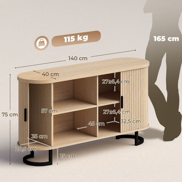 Buffet LUNA 140 cm – Finition bois naturel, portes coulissantes cannelées