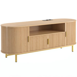 Meuble TV DORIA effet chêne et doré avec prises USB