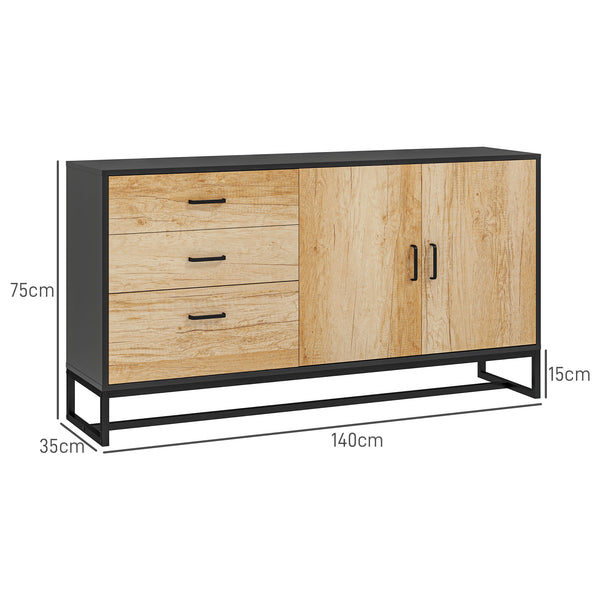 Buffet MILO 140 cm – Finition bois naturel & acier noir, 3 tiroirs