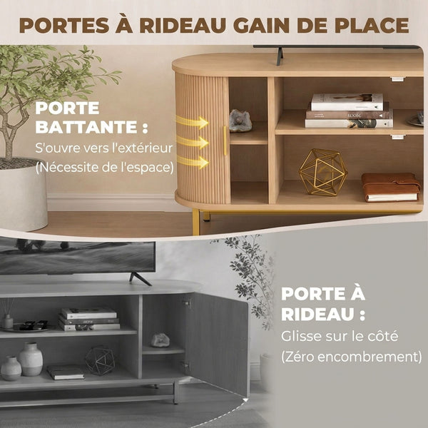 Meuble TV DORIA 140 cm – Effet chêne & doré, prises USB intégrées