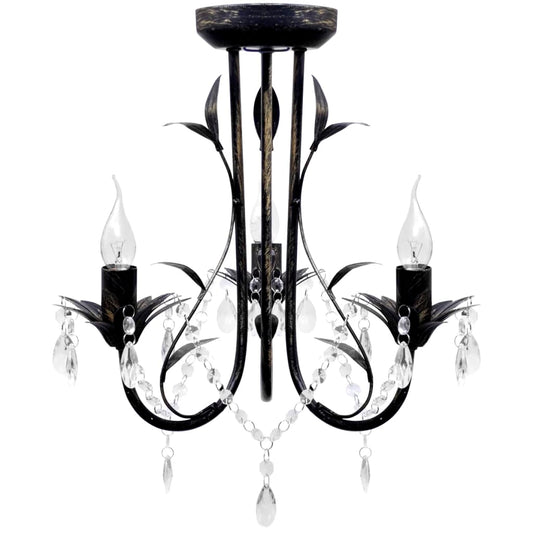 Lustre métal noir style art nouveau + perles crystal 3 x E14 Ampoules