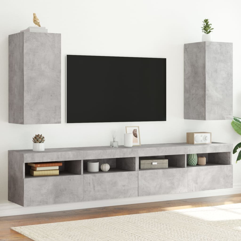 Meubles TV muraux et lumières LED 2pcs gris béton 30,5x35x70 cm