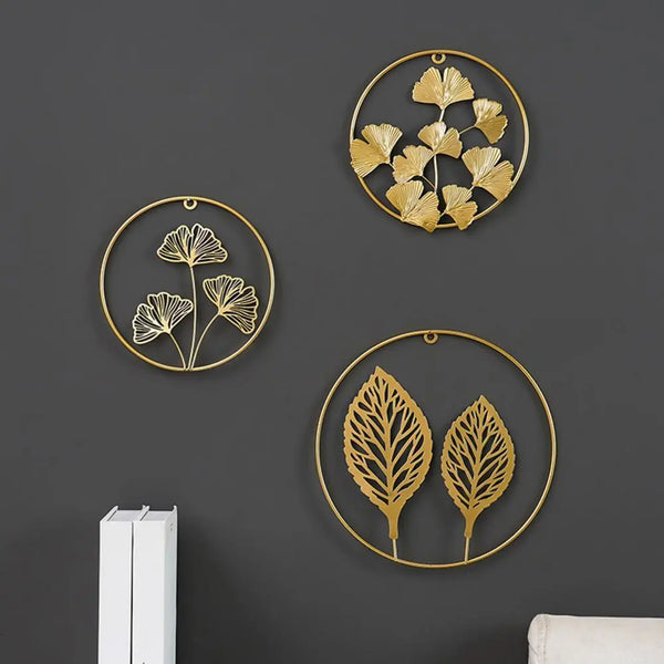 Hot Sales Golden Leaf Wall Hanging Light Luxury Punch Free Nordic Style Metal Round Iron Leaf Pendant for Living Room - BB'art meuble & déco