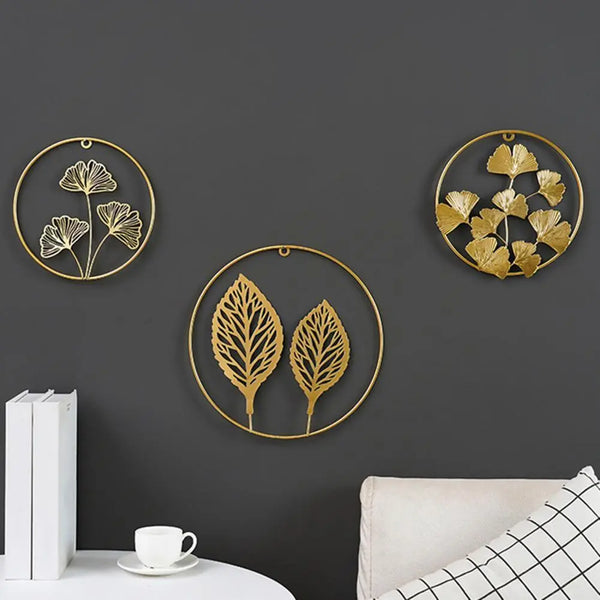 Hot Sales Golden Leaf Wall Hanging Light Luxury Punch Free Nordic Style Metal Round Iron Leaf Pendant for Living Room - BB'art meuble & déco