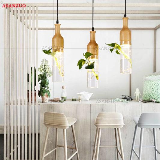 Lampes suspendues LED modernes, bois et verre